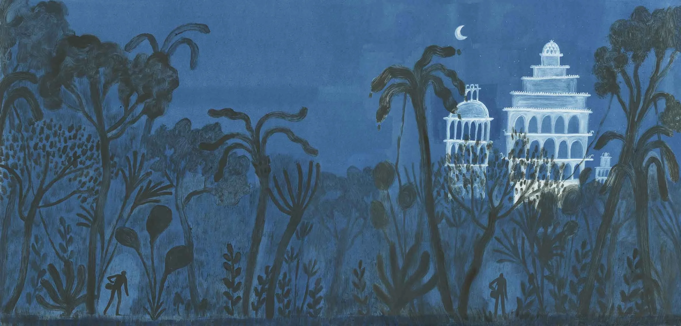 An illustration of a night time jungle scene. On the bottom left, there's a silhouette of a man walking through dense foliage. On the right, the silhouette looks out at a cluster of white towers that rise above the trees into the blue night sky.