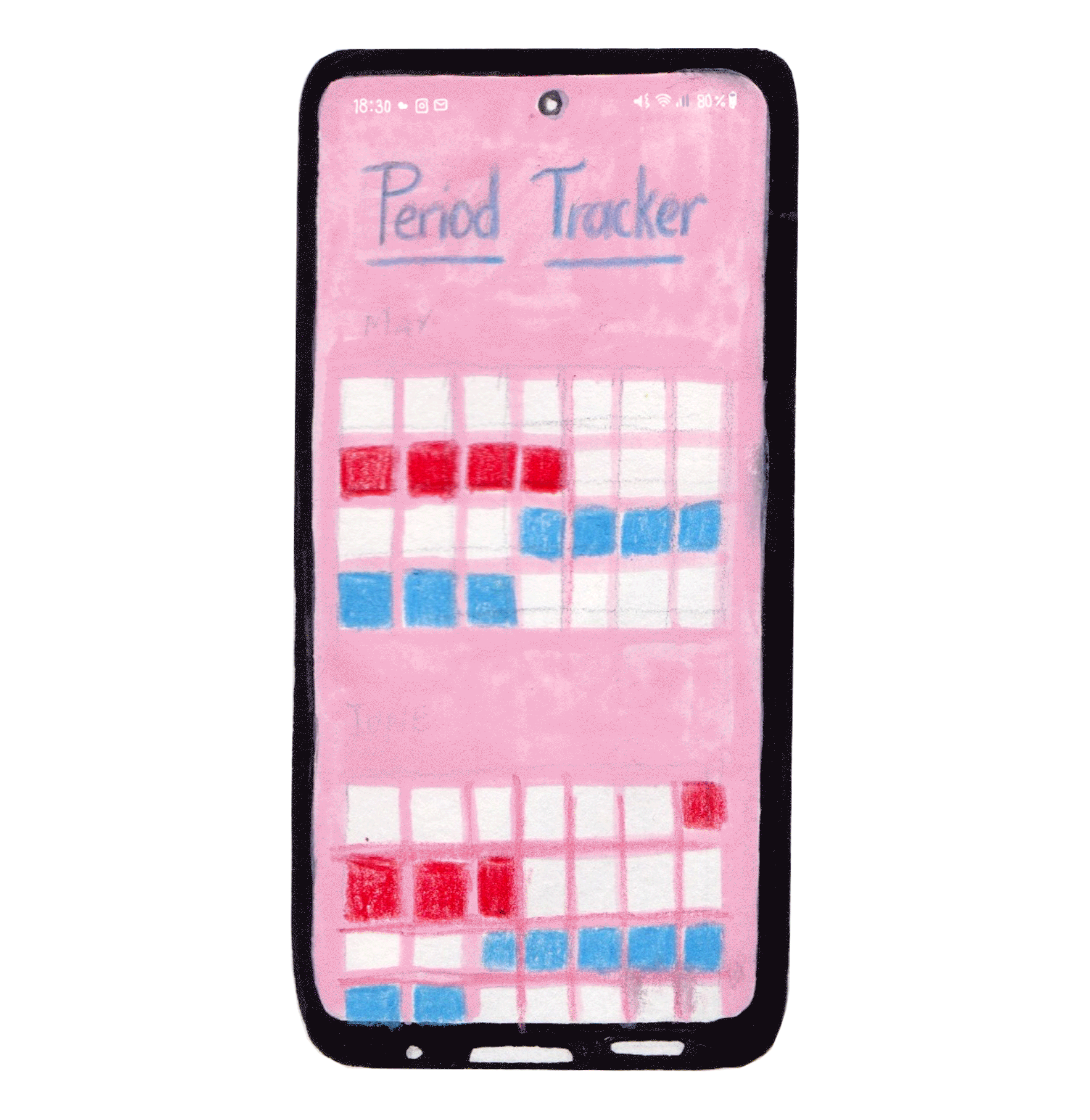 A faceless policeman with an eye instead of a police insignia on his hat pops up on a phone with a period tracker app open