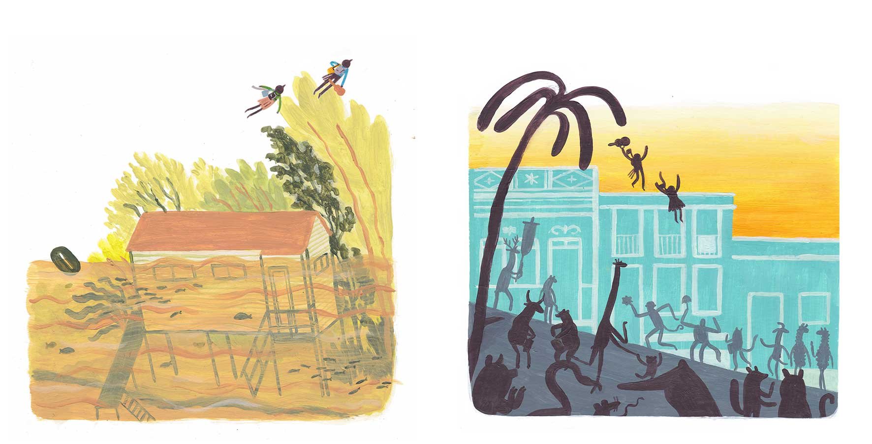 Colorful illustration of two different scenes: the left scene depicts a stilted house submerged in brown water, two birds flying away, while the right scene shows a vibrant city street with anthropomorphic animals dancing under a sunset sky.