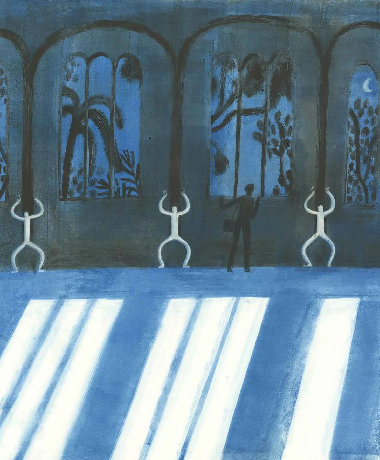 An indoor scene with large arched windows showing a dark blue night sky with moon. Four white sculptures hold the columns that frame the windows. A person stands looking out the windows. The moonlight paints white streaks across the floor.