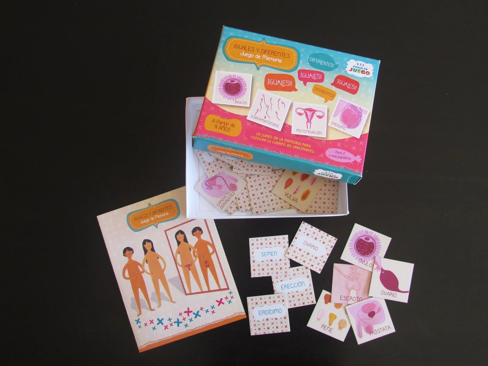 A memory game about human reproductive anatomy and differences, featuring illustrated cards of female and male reproductive organs and related terms, with a colorful box and instruction sheet.