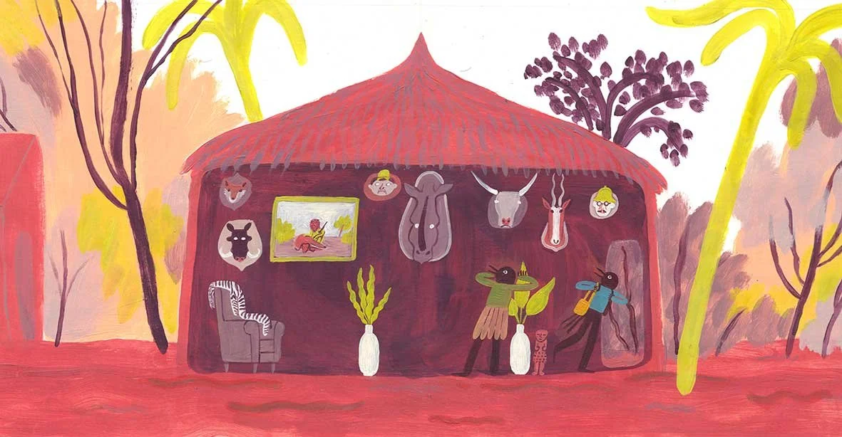 A colorful illustration of a hut with hunting trophies on the walls, surrounded by trees and plants.