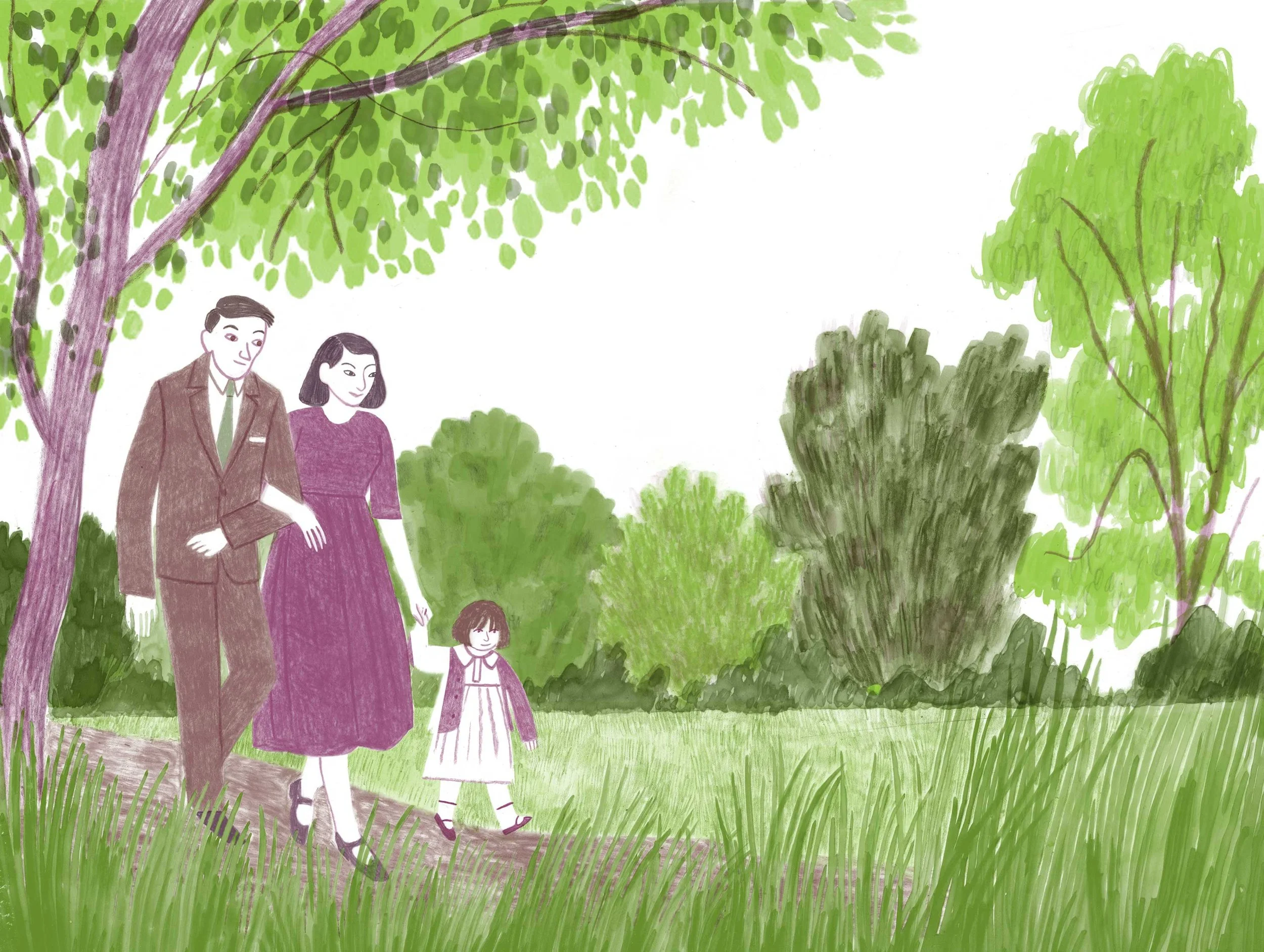 A family of three, a man, woman, and young girl, walking together through a green park with trees and grass.