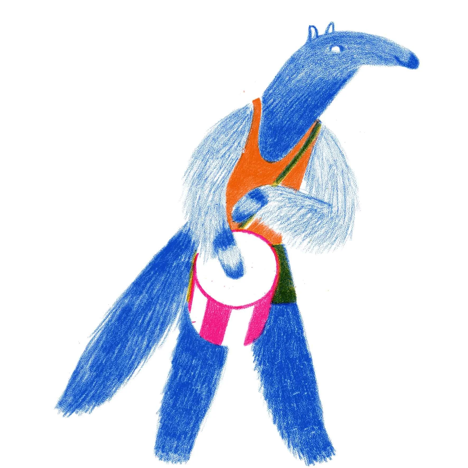 A risograph of a blue anteater playing a repinique (or drum). Illustration in limited colour.