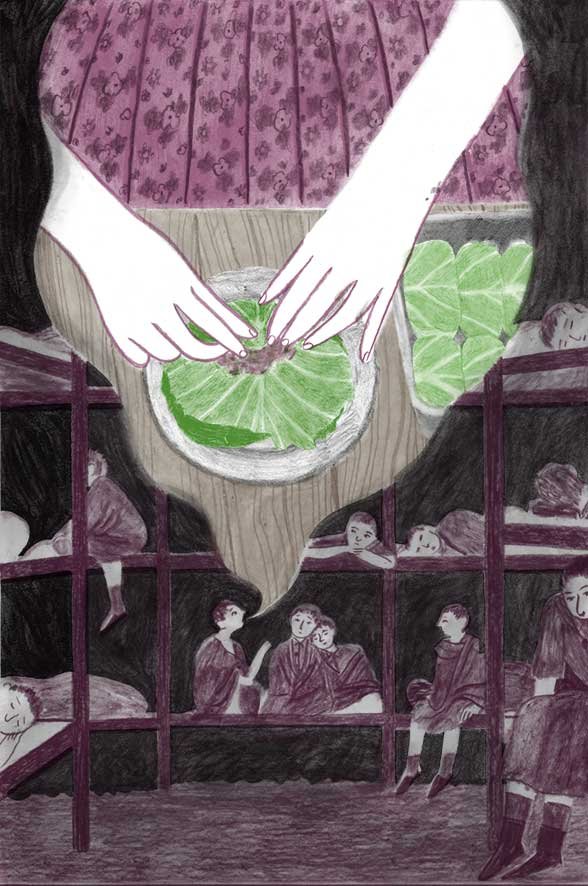 Starving prisoners in Auschwitz describe recipes to each other. One woman is talking about the process of making of making stuffed cabbage.