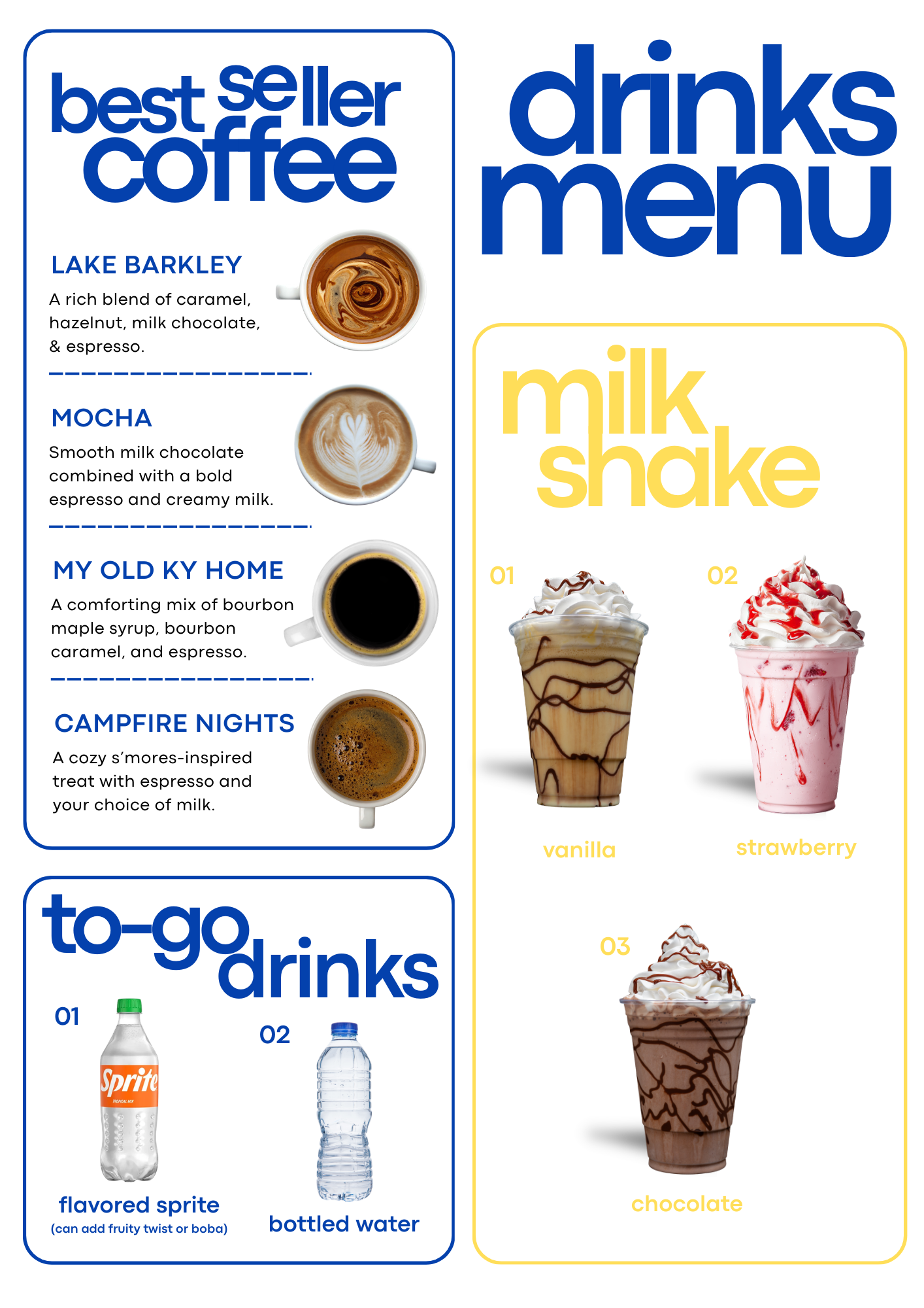 Stovals coffee, milkshake and to go drinks menu