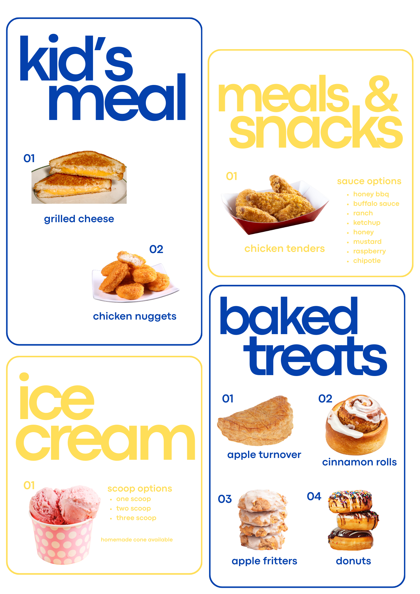 stoval springs baked treats, kid's meal, meals and snack, ice cream menu