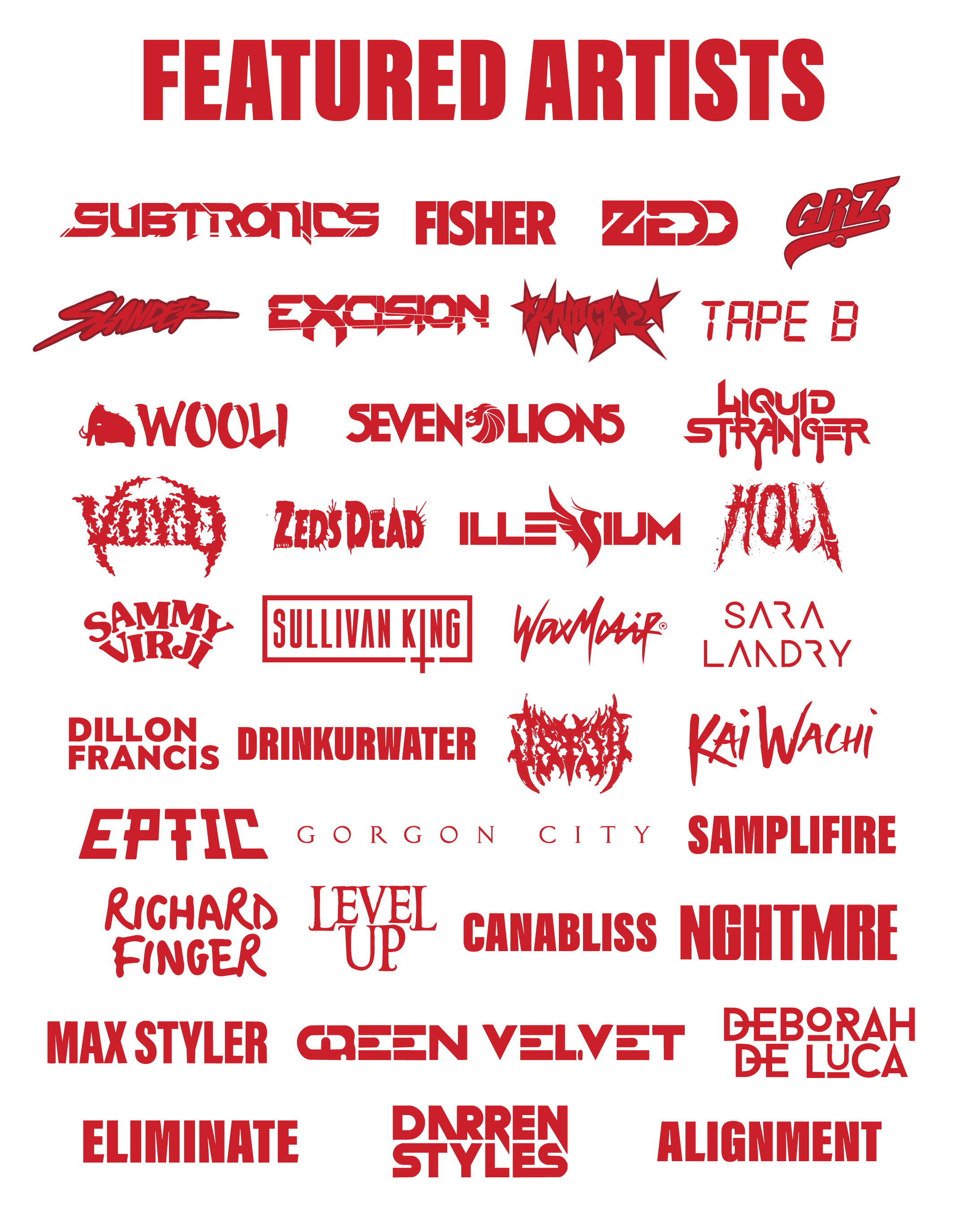 A collage of various band and artist logos and names in red and black colors with a black background.