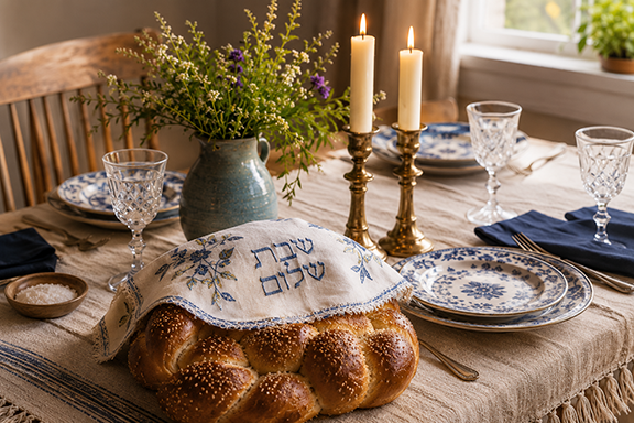 Shabbat table prepared with braided challah, lit candles, blue-and-white dishes, crystal glasses, and fresh flowers in the warm light of late afternoon.