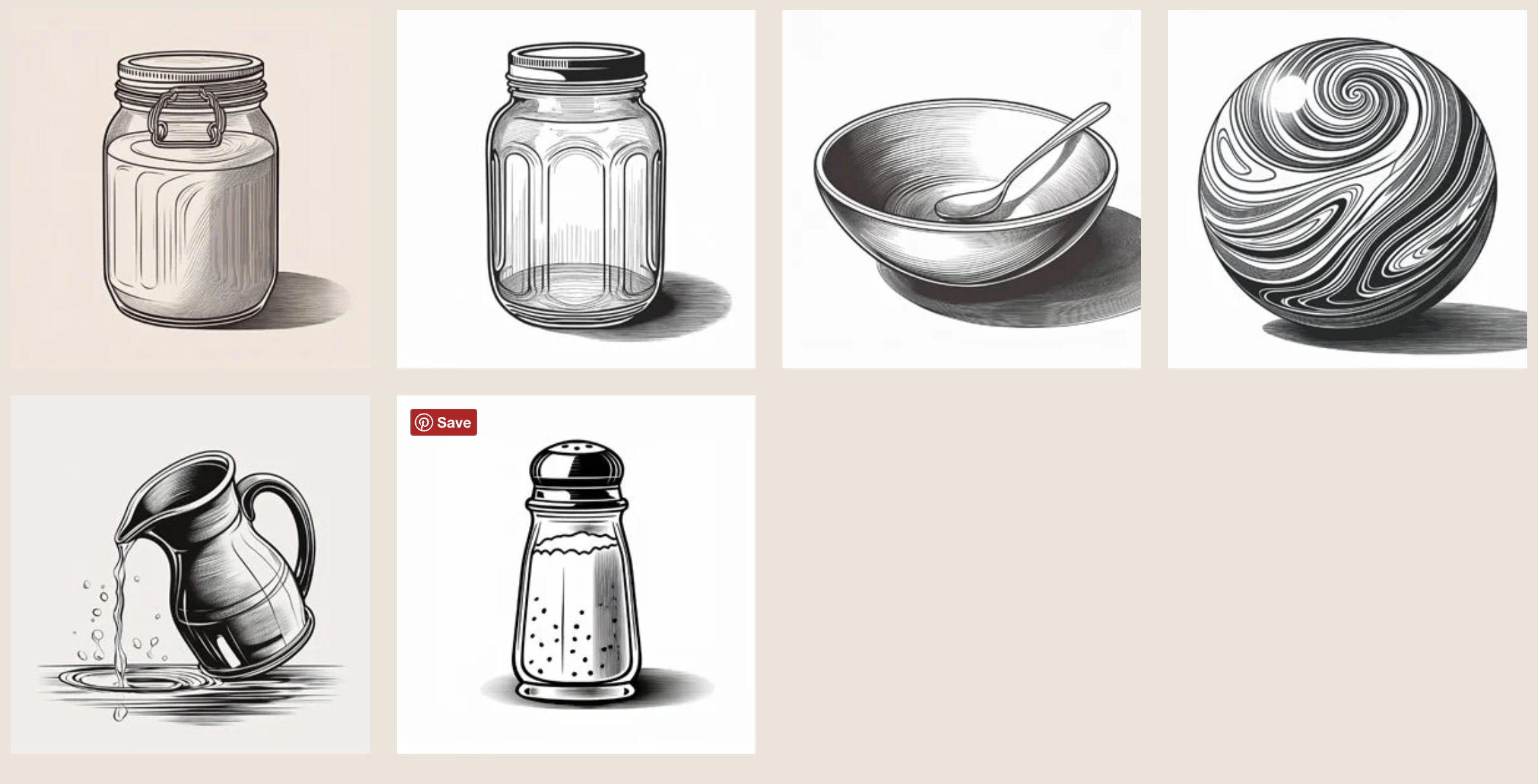 jars, bowls, a marble, a pitcher, and a salk shaker