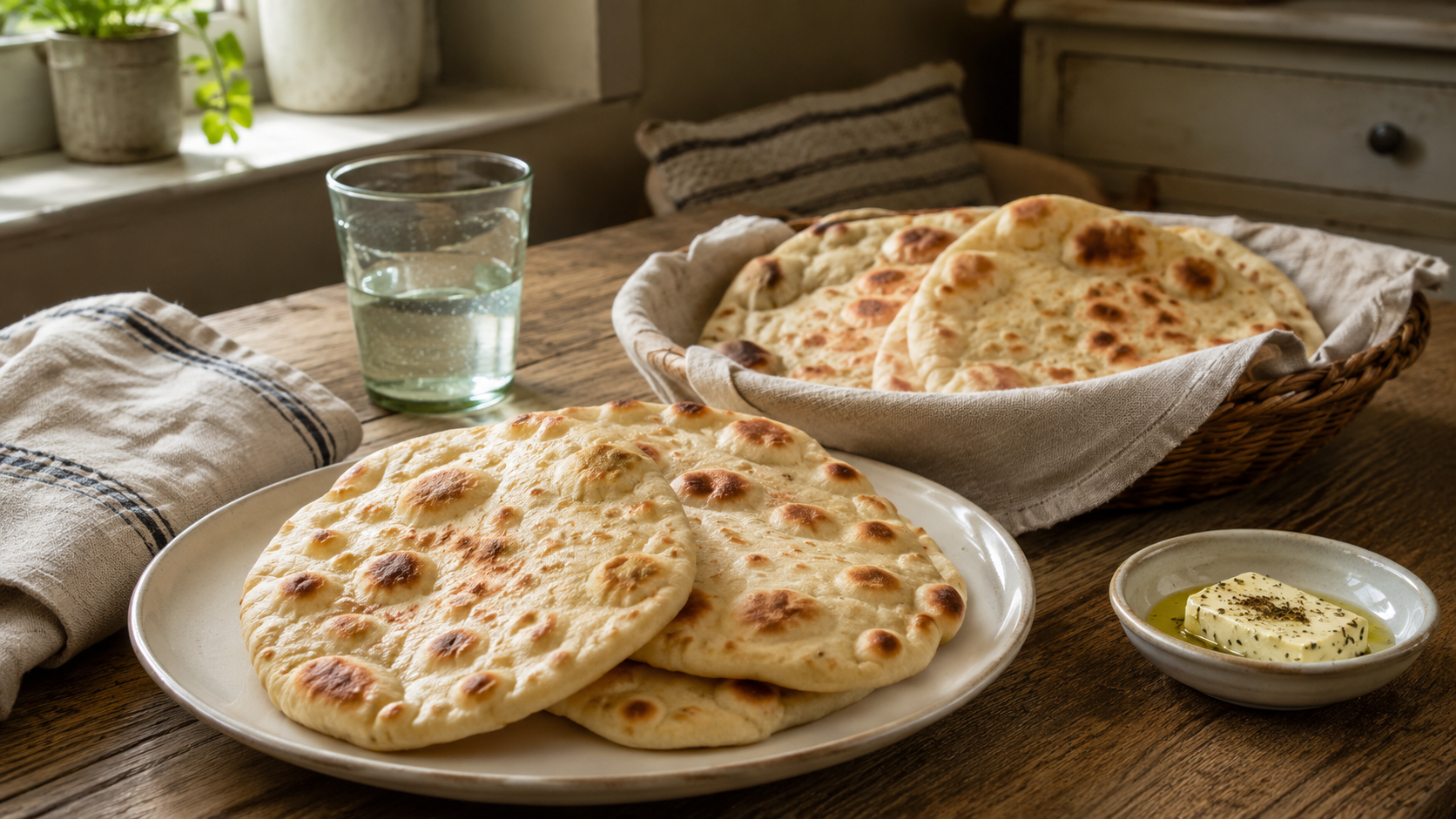 Sourdough flatbreads on a kitchen table with a glass of water, a bowl containing herbed butter, and a folded towel