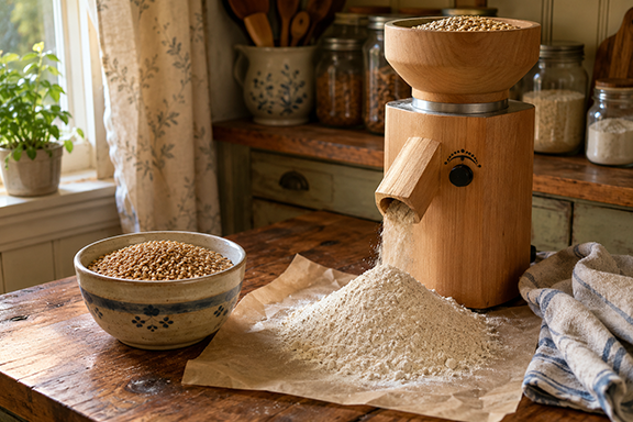 Fresh flour spilling from a wooden grain mill onto parchment beside a bowl of wheat berries in a warm homestead kitchen.