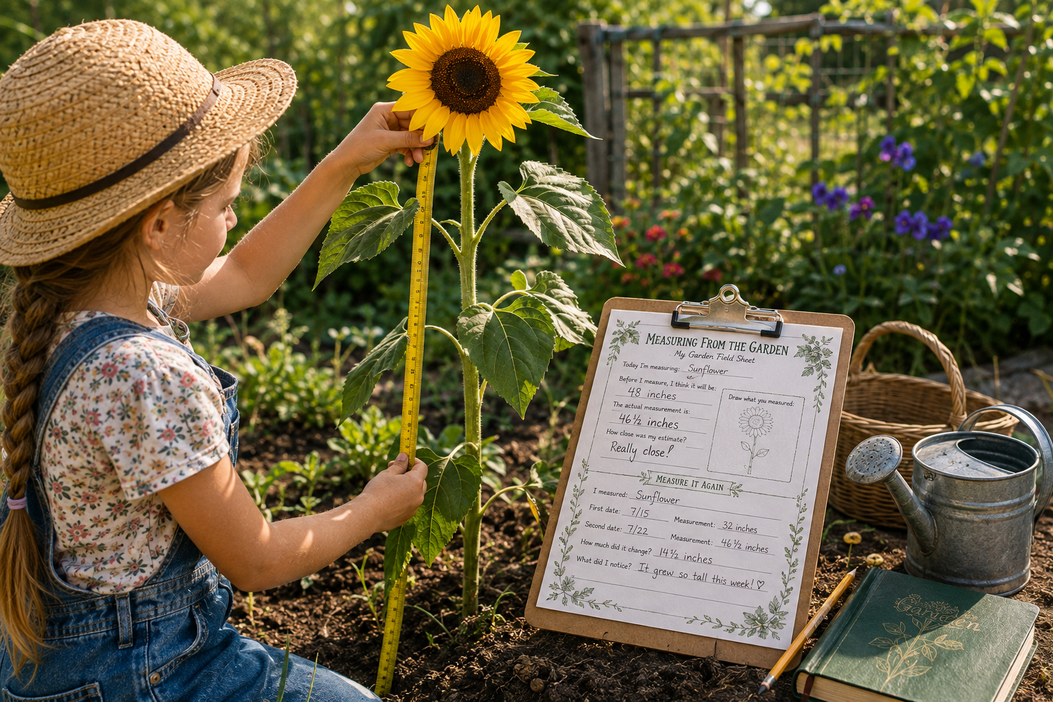 A young girl measures the height of a sunflower with a tape measure while using a garden measurement worksheet on a clipboard in a sunny vegetable garden.