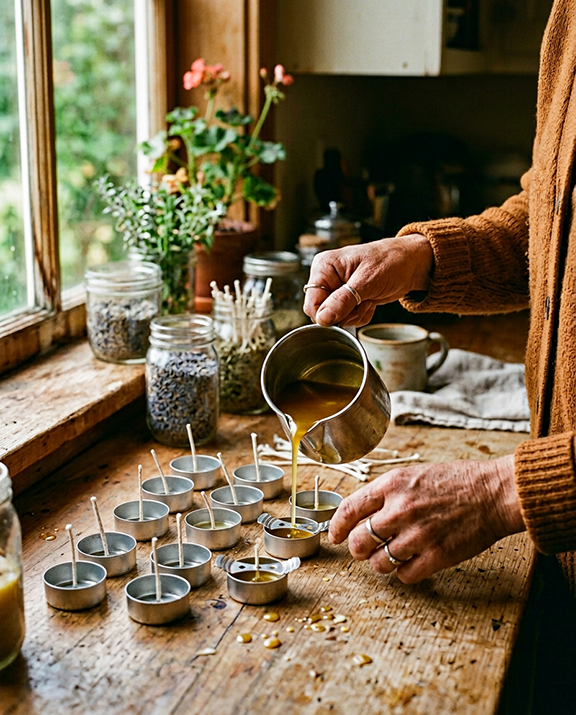 hands pouring melted beeswax into prepared tealight molds at a window in a rustic kitchen