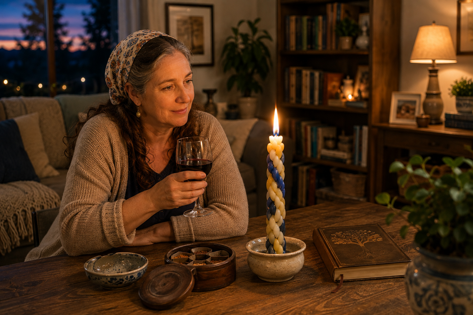 Woman in a headcovering holding a glass of wine beside a burning Havdalah candle during a quiet Saturday evening observance.