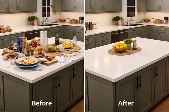 a comparison photo of a cluttered kitchen island and the same island orderly