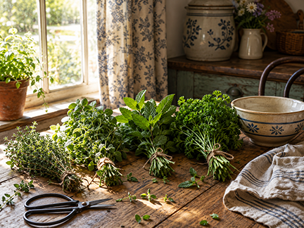 bunches of herbs on a table, tied with string and ready for drying