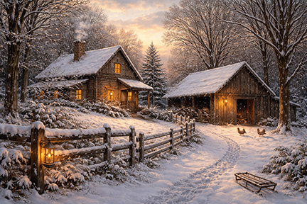 A quiet winter evening scene with a cabin, a barn, snow on the ground, and chickens