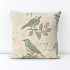 hand drawn birds on branches with handwriting and postal stamps throw pillow