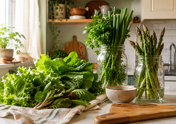 fresh greens on a counter top with a clean kitchen towel and 2 glass jars