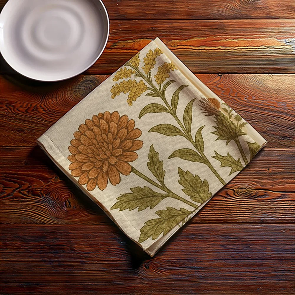 autumn flowers and thistles napkin on table with saucer