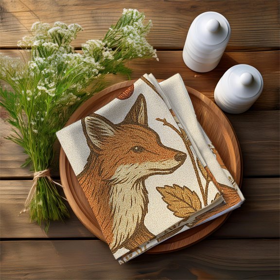 folded walking fox and vine napkin on wooden plate