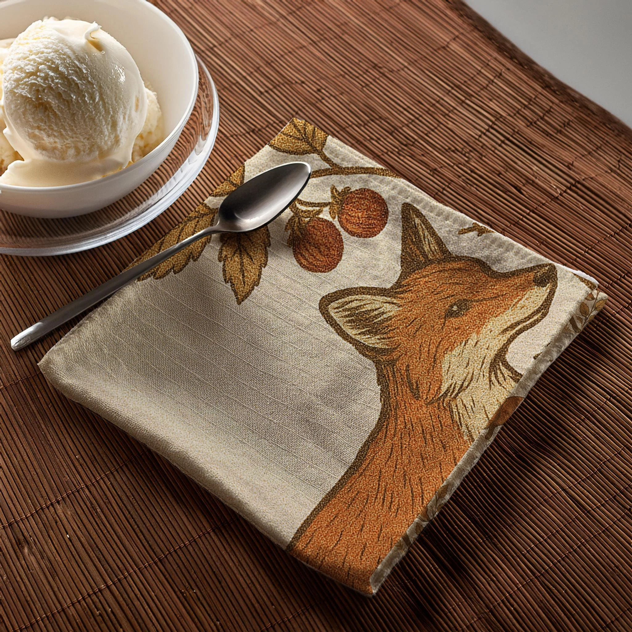 folded walking fox and vine napkin with ice cream and spoon
