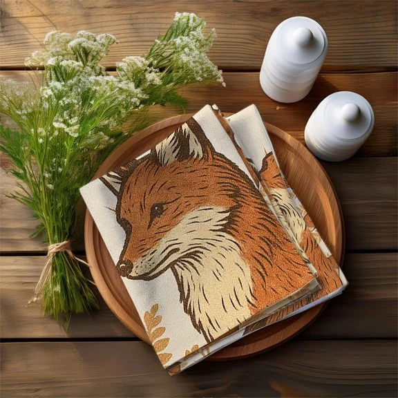 fox napkin folded on wooden plate