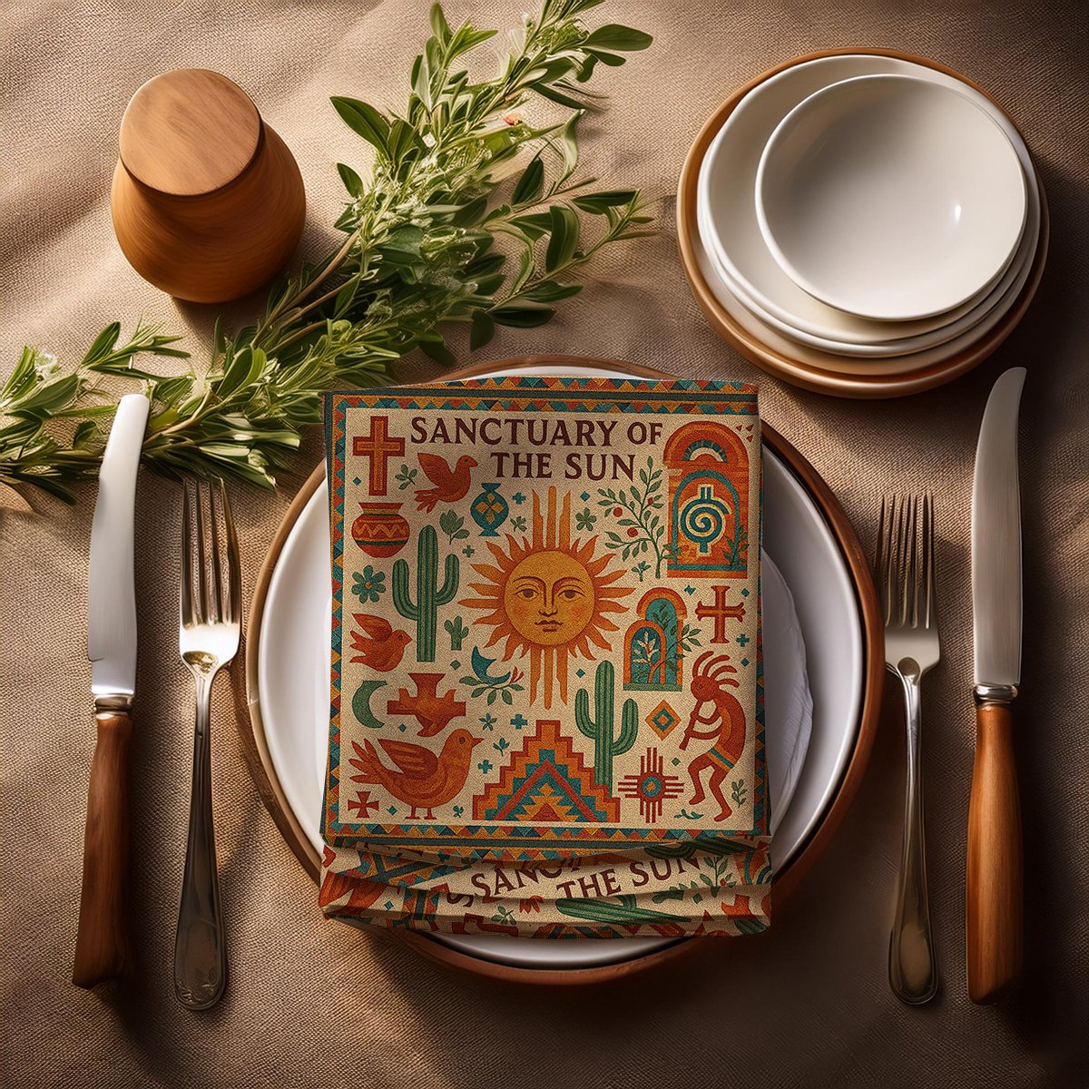 Napkin Set - Sanctuary of the Sun Design  napkin on plate in complete place setting