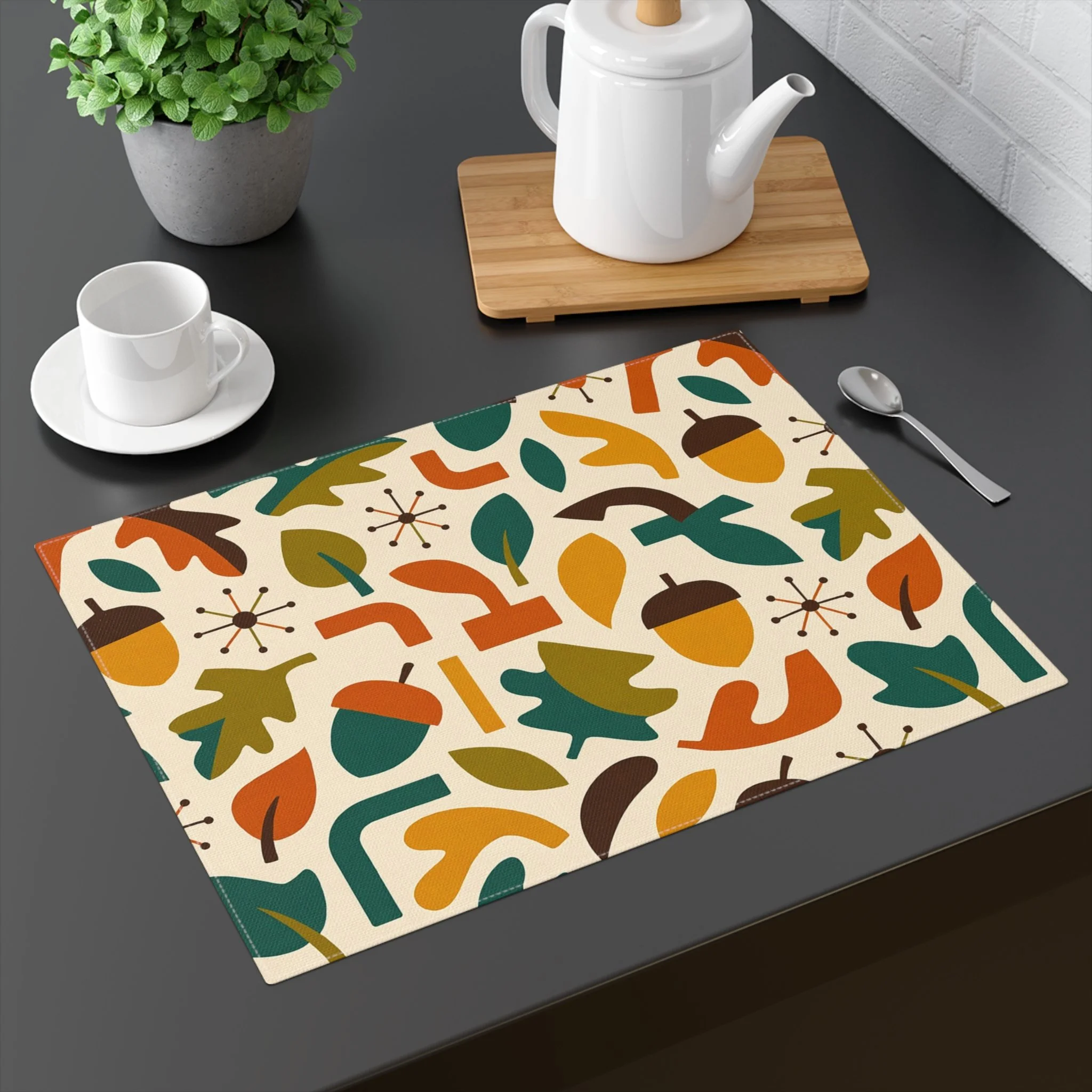 Placemat, Vibrant Mid-Century Autumn Design on table with coffee pot and cup