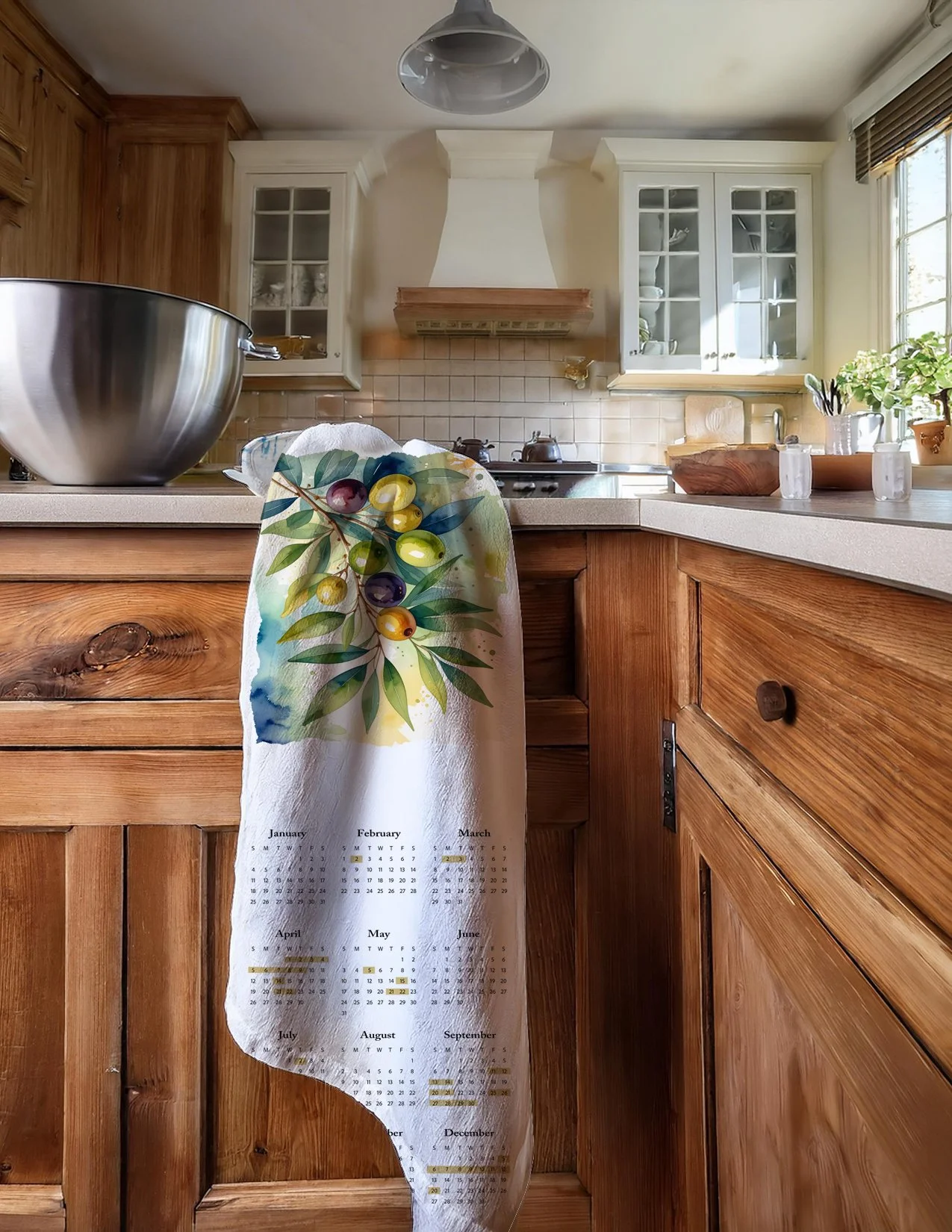 olives calendar on counter in kitchenb