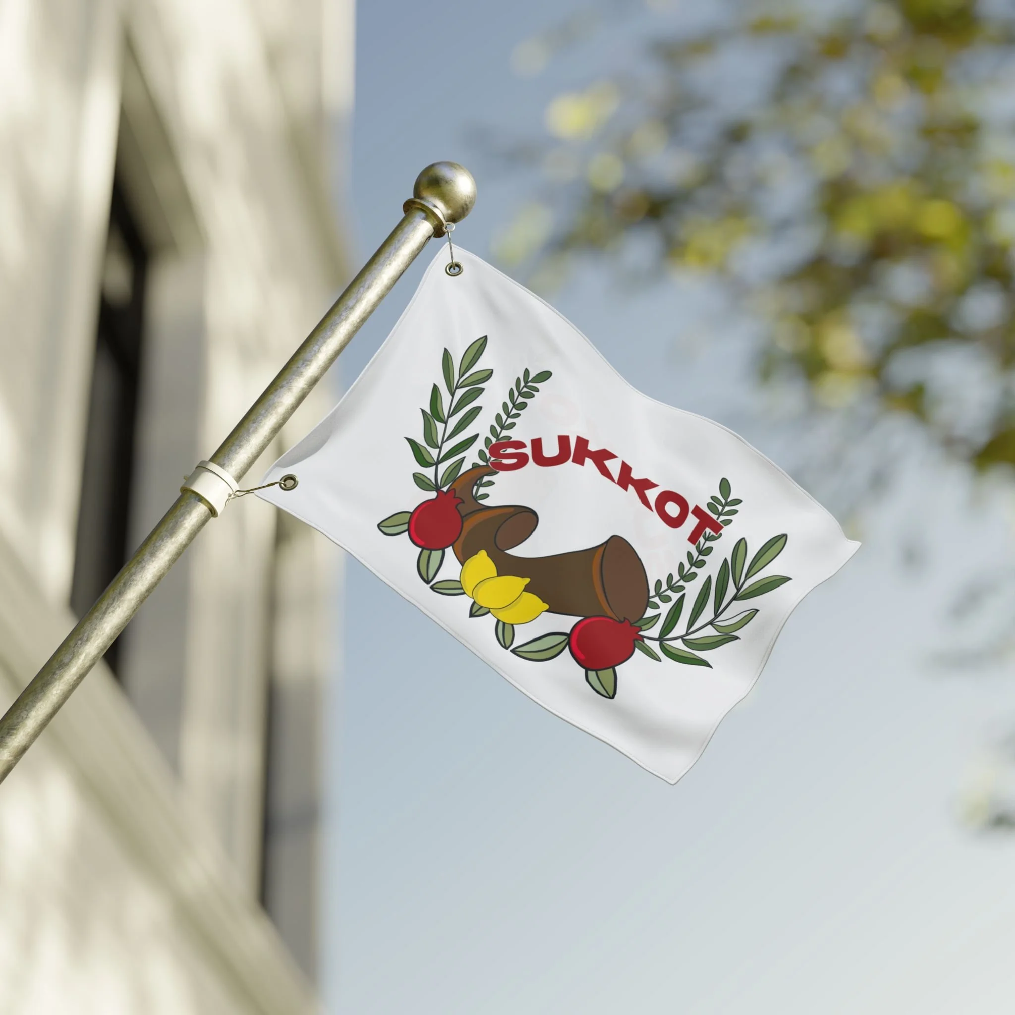 Sukkot flag on building