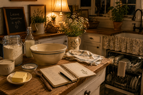 Warm evening cottage kitchen with bread ingredients gathered, an open dishwasher, and a notebook, showing simple habits that make tomorrow easier.