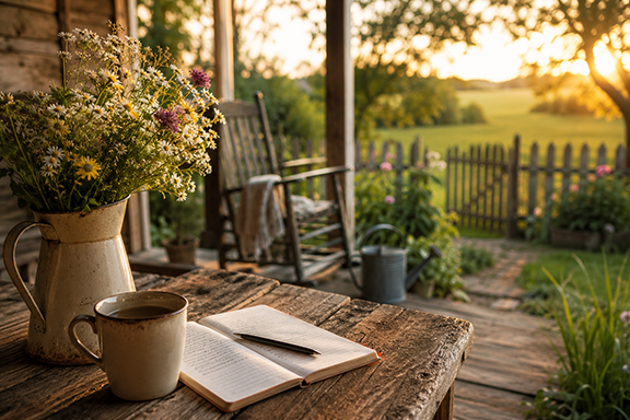 Rustic homestead porch at golden hour with an open journal, coffee mug, wildflowers, rocking chair, and peaceful garden beyond.