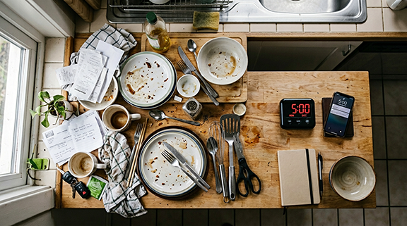 A very messy table with dishes, papers, and a notebook next to a timer set to 5 minutes