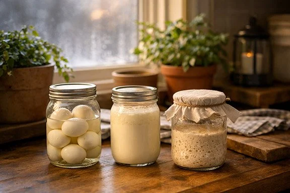 Three jars on a counter near a window. Plants in the background filled with herbs. eggs, cream, and sourdough starter in the jars
