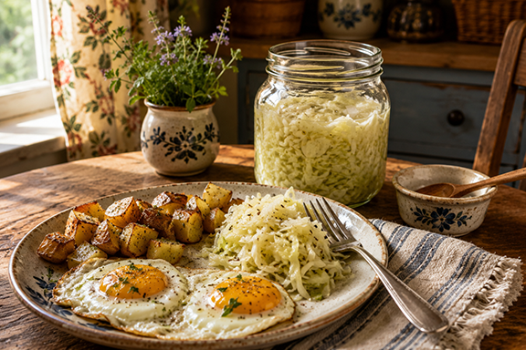 Breakfast with eggs, potatoes and fermented cabbage ion a rustic table in a homestead kitchen