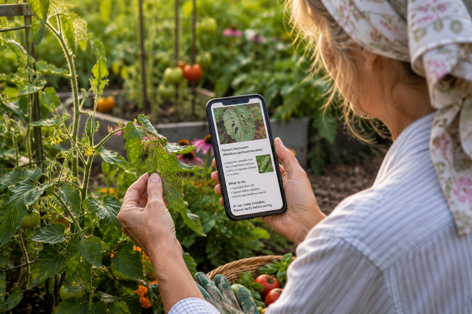 Gardener examines a damaged tomato leaf while using her phone to help identify the problem and learn how to address it.