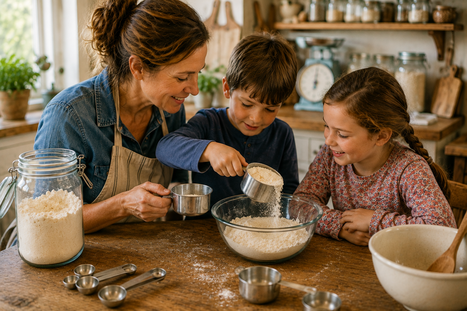 A mother and two children compare measuring cups while measuring flour together at a farmhouse kitchen table.