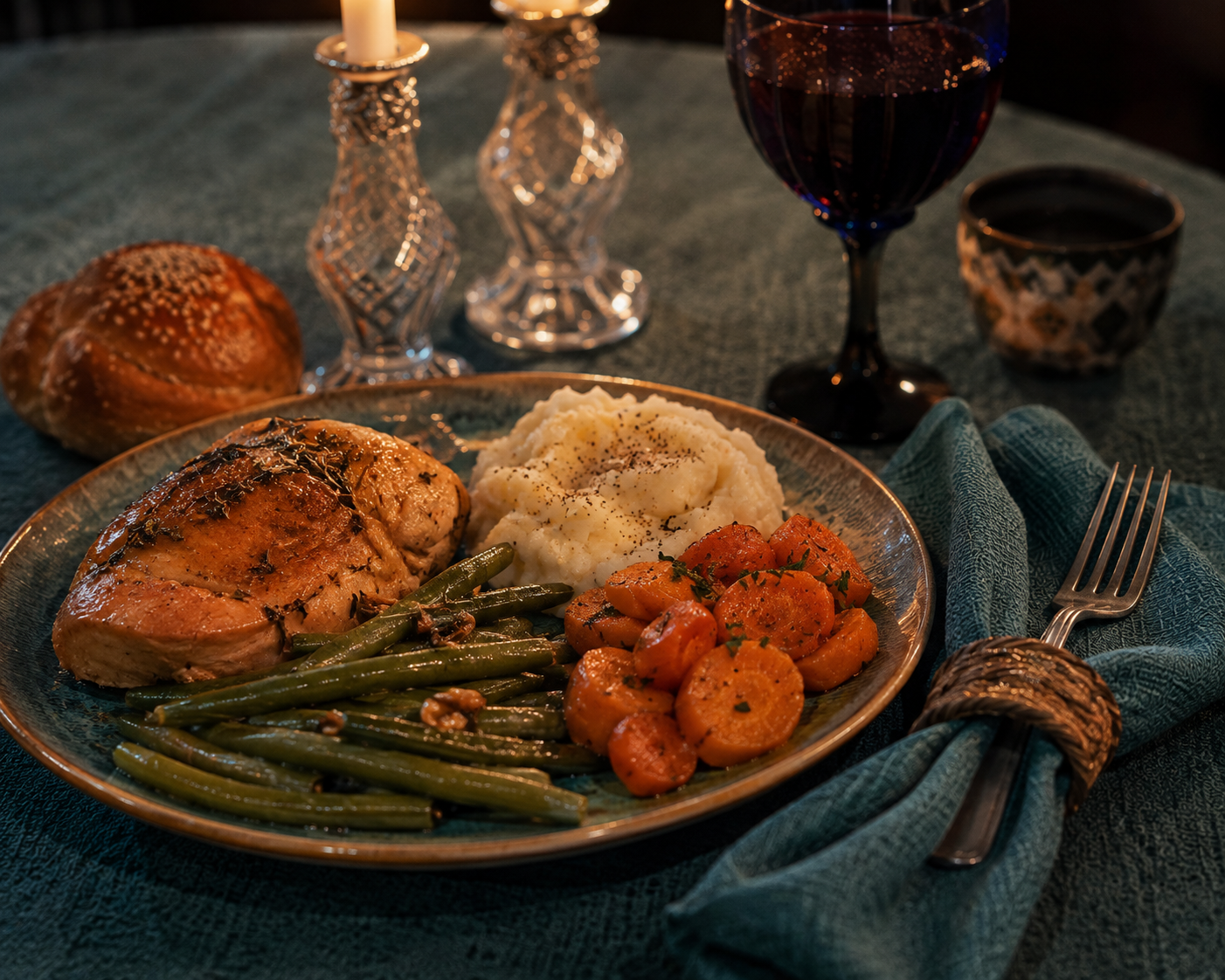 A warmly lit Shabbat dinner of roasted chicken, mashed potatoes, green beans, and carrots, served beside a teal napkin with wine, bread, and Sabbath candles nearby.