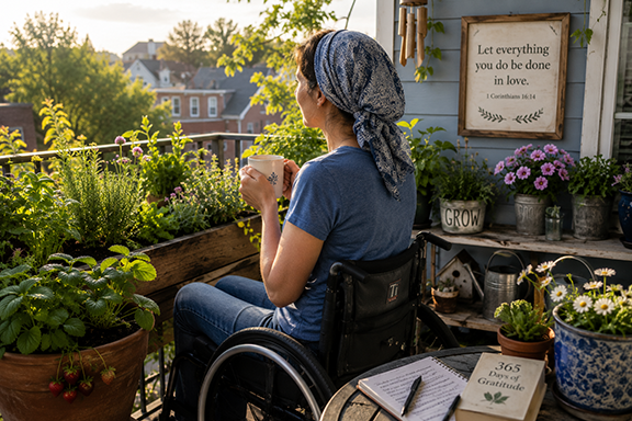 A young woman wearing a blue head covering tends strawberries and herbs from her wheelchair in a raised garden outside a small urban home, illustrating faithful stewardship in everyday life.
