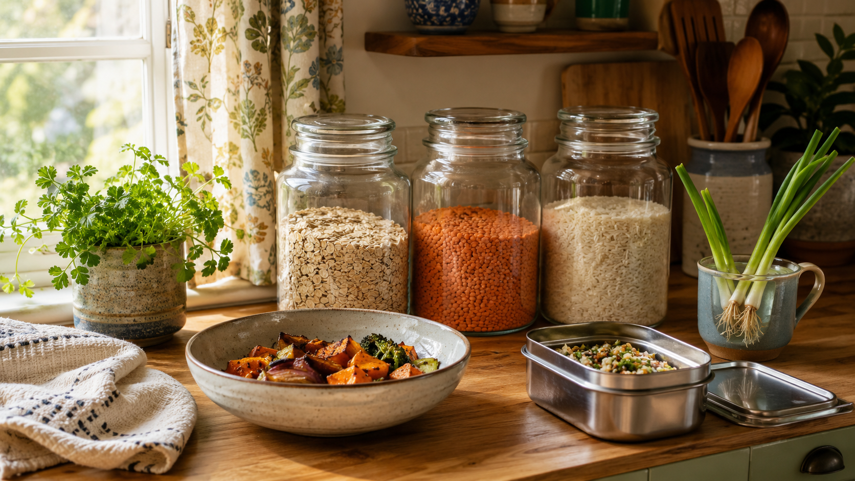 Warm apartment kitchen counter with glass jars of oats, lentils, and rice beside roasted vegetables, green onions rooting in a mug, herbs, and stainless food storage.