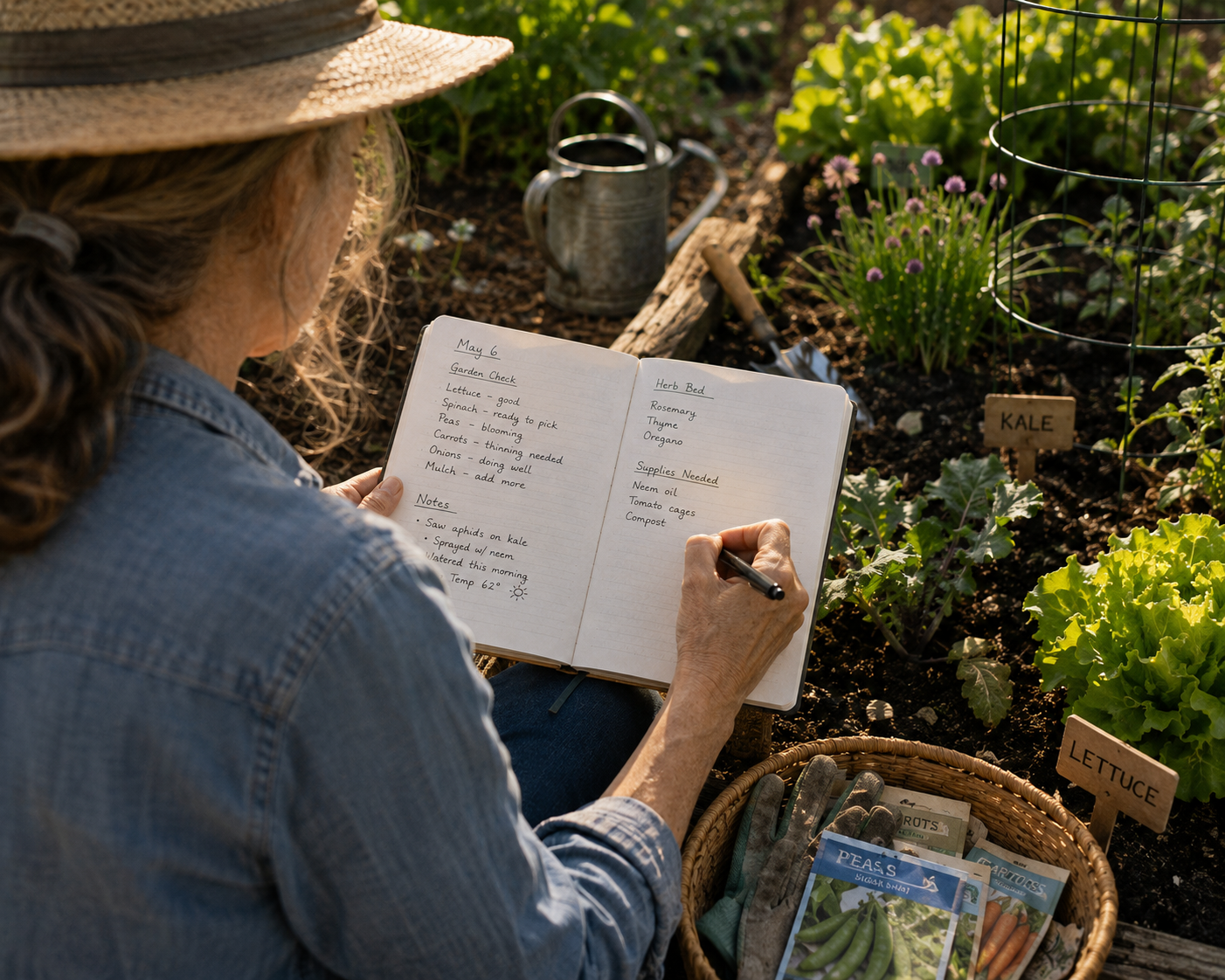 Woman seated beside raised garden beds writing observations and planting information in an open homestead notebook.