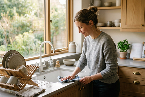 woman wiping sink in a clean kitchen