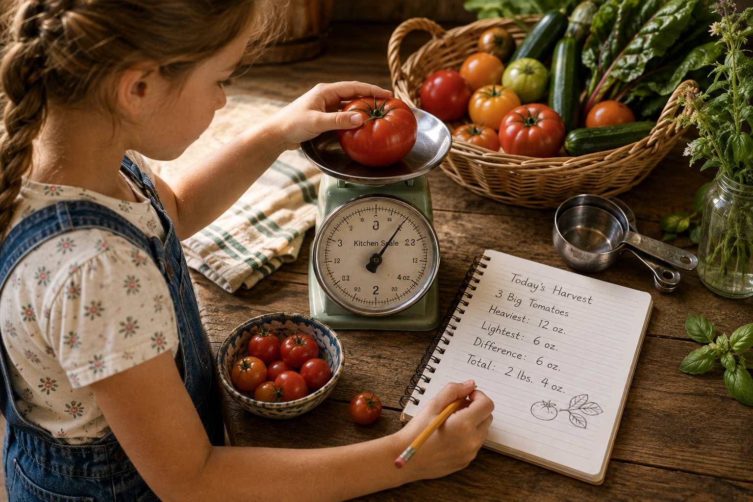 A young girl weighs a freshly harvested tomato on a kitchen scale and records the weight in a notebook beside baskets of garden vegetables and measuring cups.