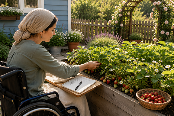 Young woman wearing a head covering sits in a wheelchair while observing and harvesting strawberries from a raised garden bed beside a blue cottage.