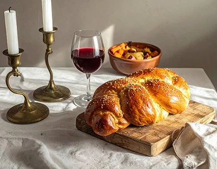 A Shabbat table with a loaf of challah on a cutting board, a glass of red wine, two white taper candles in brass candlesticks, and a bowl of roasted vegetables
