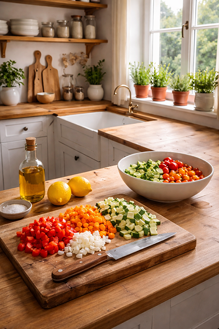 A rustic kitchen with a bowl of chopped vegetables, a chopping block with cut veggies, a knife, a bottle of oil and 2 lemons