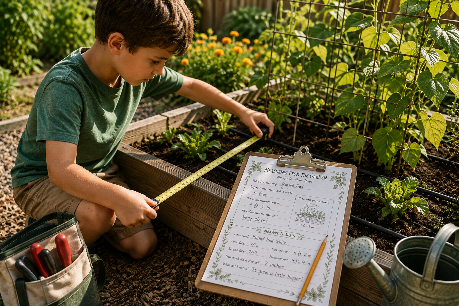 A young boy measures the width of a raised garden bed with a tape measure while recording his findings on a garden measurement worksheet.