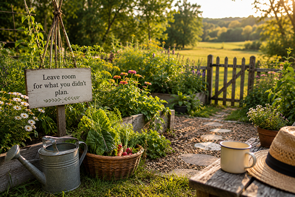 Abundant cottage garden with raised beds, fresh vegetables, watering can, and a sign reading “Leave room for what you didn’t plan.”